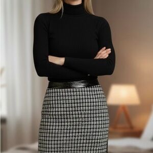 C. Luce Black White Checkered Pencil Skirt Faux Leather Trim Size M